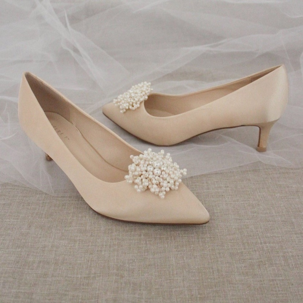 Champagne bridal kitten heels with pearls